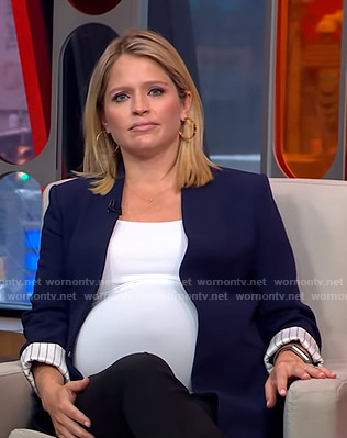 Sara's navy roll cuff blazer on GMA Strahan And Sara