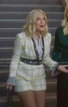 Tori's white and yellow plaid blazer and shorts on BH90210