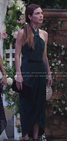 Victoria's teal green halter neck dress at Lola and Kyle's wedding on The Young and the Restless