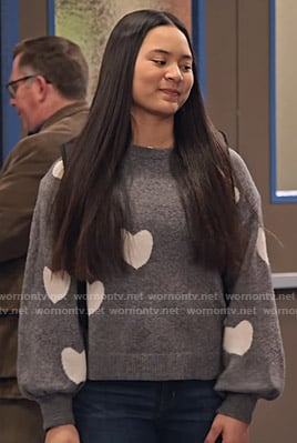 Xuan's grey heart print sweater on No Good Nick