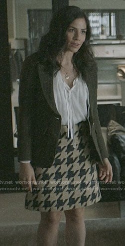 Yoli's pinstriped blazer and houndstooth skirt on Pearson