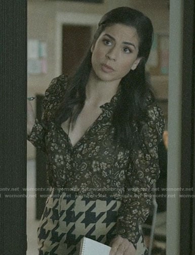 Yoli's paisley blouse and houndstooth skirt on Pearson