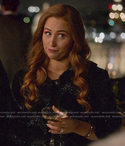 Zara's metallic and fur zig zag coat on Four Weddings and a Funeral
