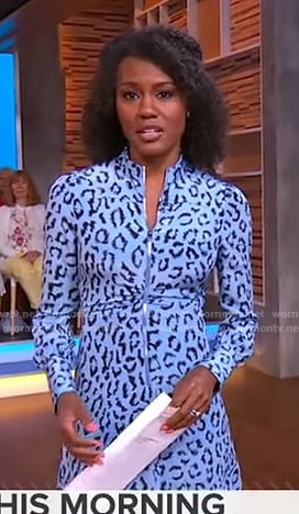 Janai's blue leopard print zip-front dress on Good Morning America