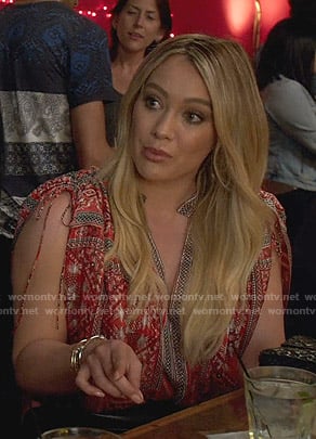 Kelsey's red printed bandanna print blouse on Younger