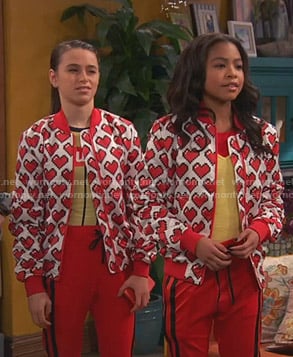 Nia and Tess's heart print bomber jacket on Ravens Home