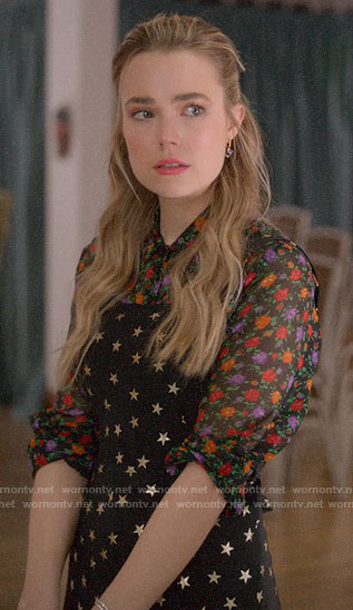 Ainsley's floral shirt and star print dress on Four Weddings and a Funeral