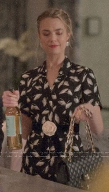 Ainsley's black and white printed jumpsuit on Four Weddings and a Funeral
