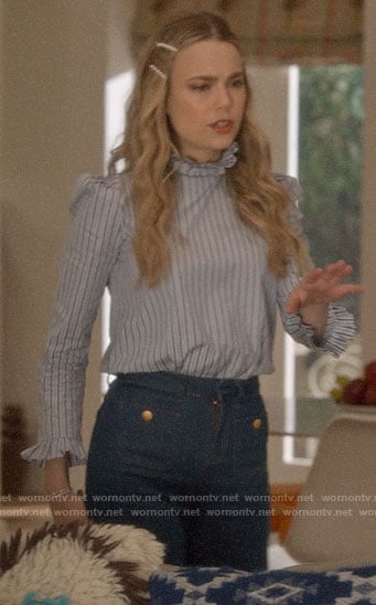 Ainsley's striped ruffle neck top on Four Weddings and a Funeral