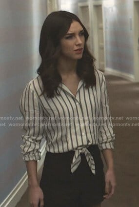 Alicia's striped tie front shirt and shorts on Grand Hotel