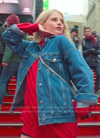 Astrid's red hoodie dress and denim jacket on The Politician