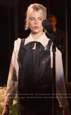 Astrid's leather pinafore dress and white ruffled blouse on The Politician