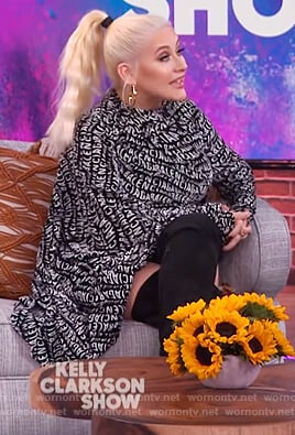 Christina Aguilera's Balenciaga logo print dress on The Kelly Clarkson Show
