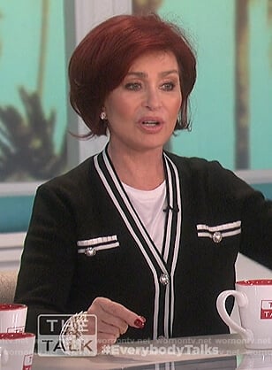 Sharon's black cardigan with contrasting stripes on The Talk