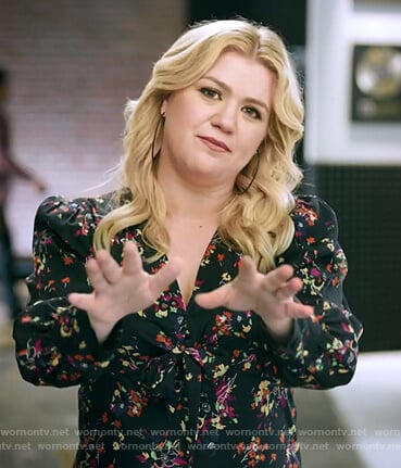Kelly's black floral tie front dress on The Kelly Clarkson Show