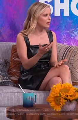 Erin Moriarty's black leather mini dress on The Kelly Clarkson Show