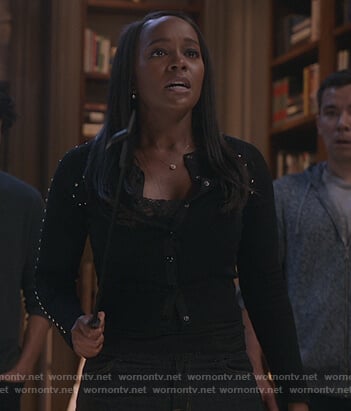 Michaela's black studded cardigan on How to Get Away with Murder