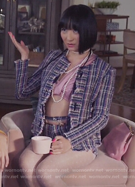 Mei's blue tweed jacket and shorts on Sunnyside