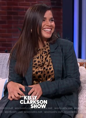 America Ferrera's brown animal print blouse on The Kelly Clarkson Show