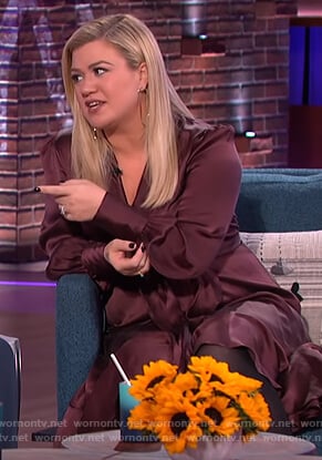 Kelly's burgundy satin wrap dress on The Kelly Clarkson Show