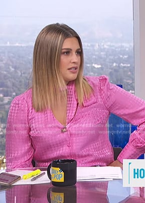Carissa's pink houndstooth tie neck blouse on E! News Daily Pop
