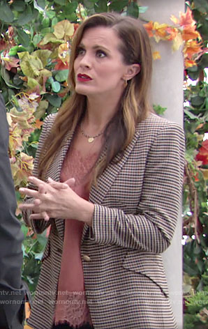 Chelsea's houndstooth blazer and lace trim top on The Young and the Restless