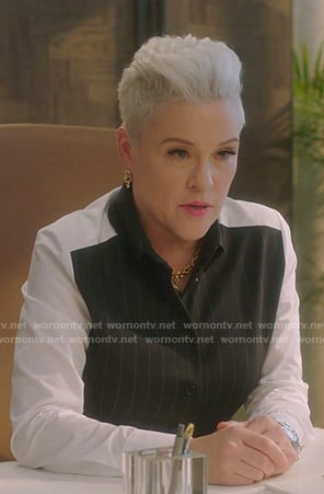 Christine's pinstripe mixed-media blouse on BH90210