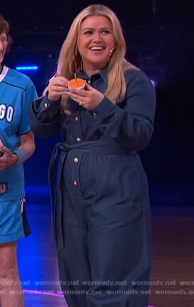 Kelly's denim tie waist jumpsuit on The Kelly Clarkson Show