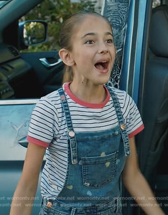Anna's heart denim overalls on American Housewife
