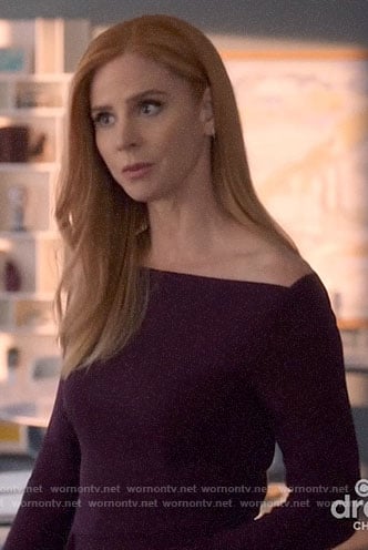 Donna's dark purple off-shoulder dress on Suits