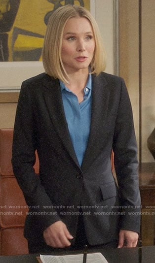 Eleanor's blue shirt and black suit on The Good Place