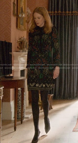 Gemma's black printed dress with ruffles on Four Weddings and a Funeral