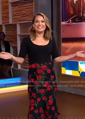 Ginger's black top and floral skirt on Good Morning America