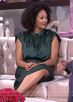 Tamera's green satin ruched dress on The Real