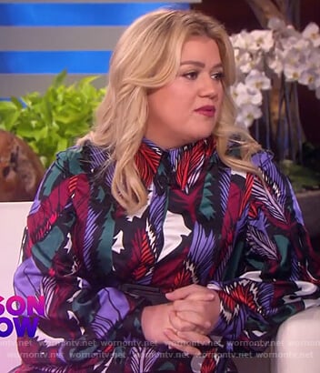Kelly's satin feather print dress on The Kelly Clarkson Show