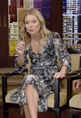 Kelly's snake print v-neck dress on Live with Kelly and Ryan