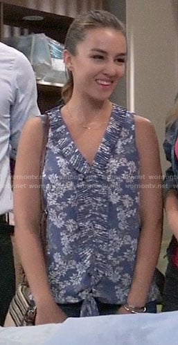 Kristina's blue floral ruffled trim top on General Hospital