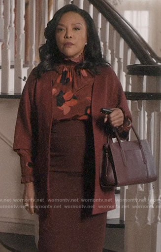 Mae's red floral ruffled neck blouse on Greenleaf