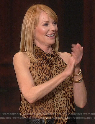 Marg Helgenberger's leopard tie neck blouse on The Talk