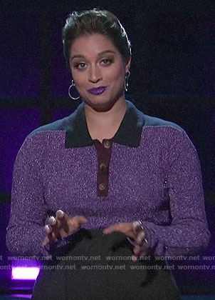 Lilly Singh's purple metallic polo top on A Little Late with Lilly Singh