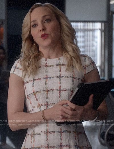 Marissa's white checked tweed dress on Bull