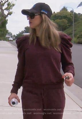 Kelly's maroon puff sleeve sweatshirt and pants on The Real Housewives of Orange County