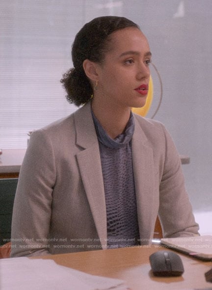 Maya's blue textured blouse on Four Weddings and a Funeral