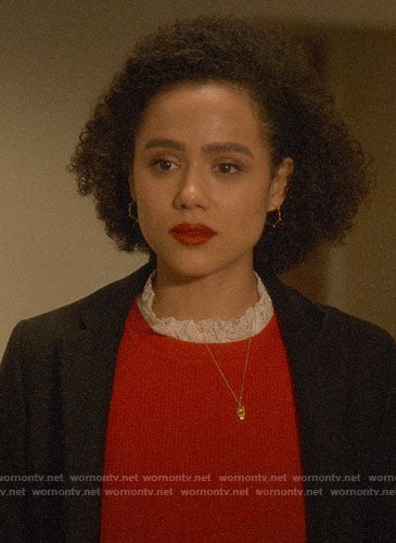 Maya's red lace neck sweater on Four Weddings and a Funeral