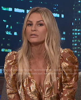 Morgan's metallic floral blouse on E! News Nightly Pop