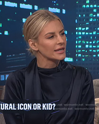 Morgan's navy tie neck mini dress on E! News Nightly Pop