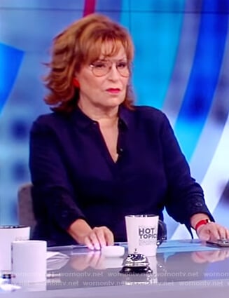 Joy's navy embroidered cuff blouse  on The View