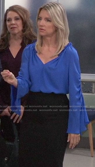 Nina's blue bell-sleeve blouse on General Hospital