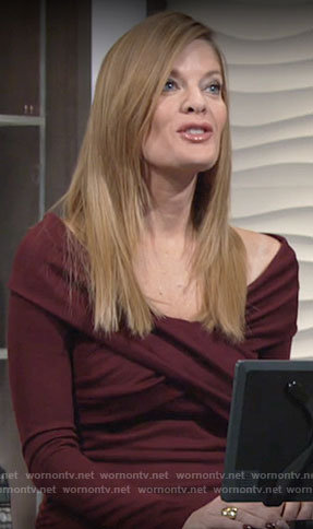 Phyllis's burgundy ruched long sleeve dress on The Young and the Restless