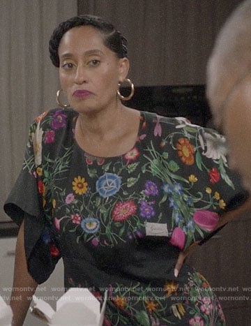Rainbow's black floral dress on Black-ish